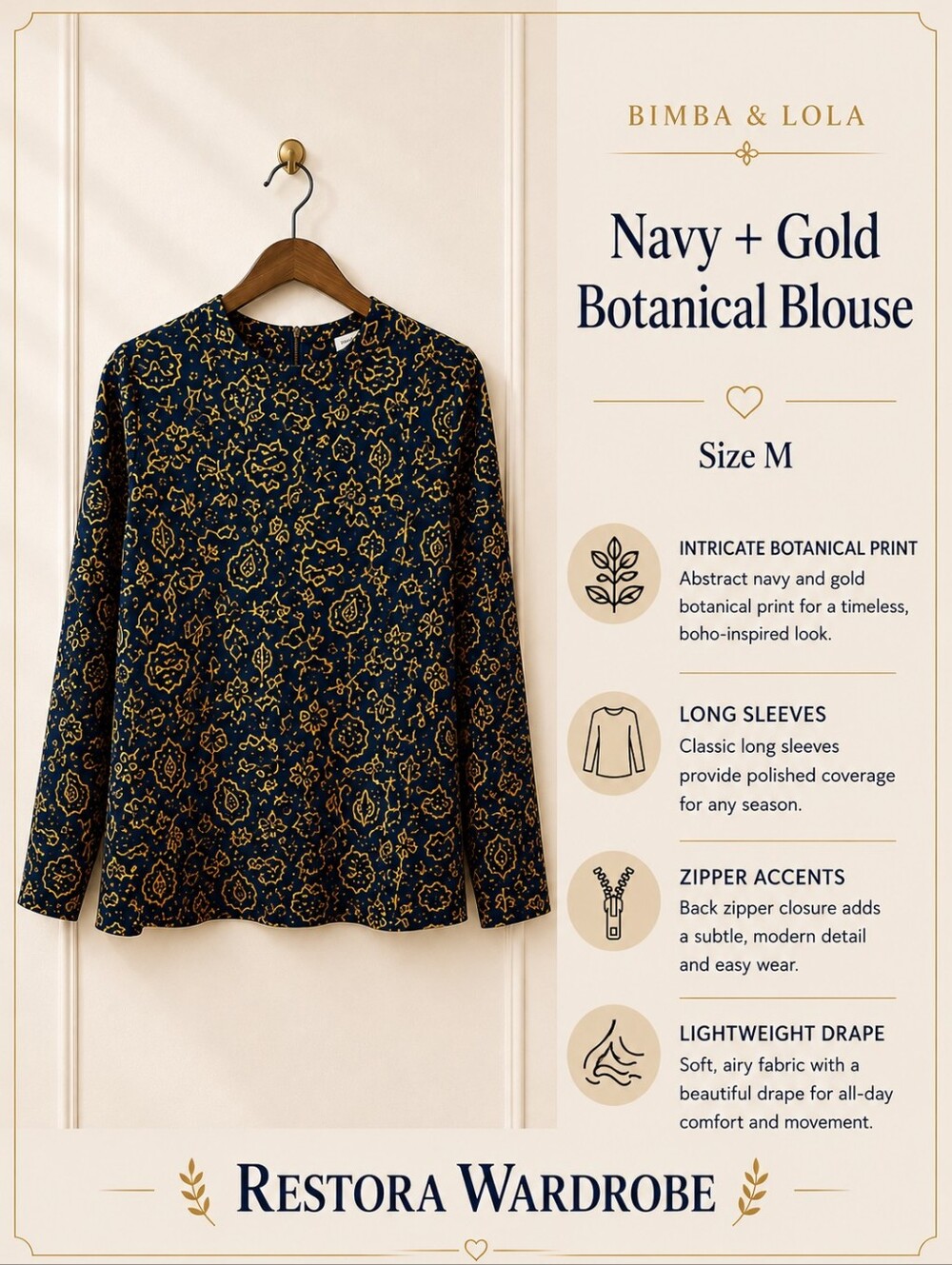 Bimba y Lola Dark Floral Boho Navy Gold Long Sleeve Blouse M